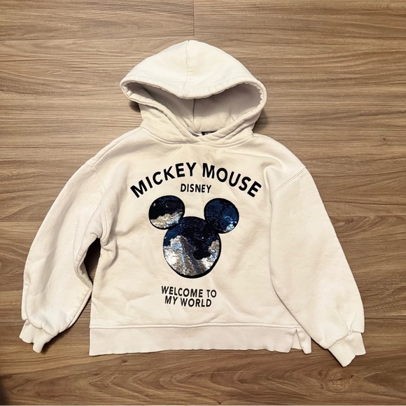 Zara Disney Cream Hoodie with Mickey Mouse Sequins Design size 7 - Picture 4 of 6